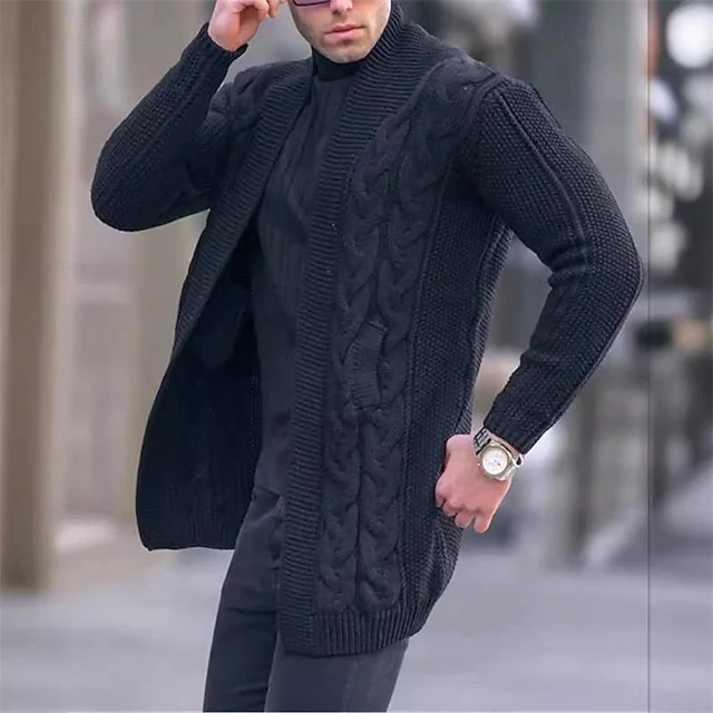 Men's Cardigan Sweater Knit Sweater Cable Knit Regular Solid Color Open Front Fashion Classic Daily Wear Date Clothing Apparel Fall & Winter Black White S M L 8