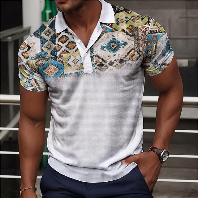 Men's Tribal Waffle Polo Shirts Golf Shirt Short Sleeve Polo Shirts Collared Shirts Vacation Wear Party Outfits Buttons 3D Print Spring & Summer White4
