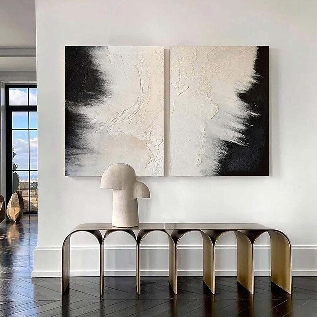  Ölgemälde, groß, handgemalt, beige und schwarz strukturierte Wandkunst, beiges abstraktes Gemälde auf Leinwand, moderne abstrakte Wandkunst auf Leinwand, ein Paar schwarze Strukturgemälde
