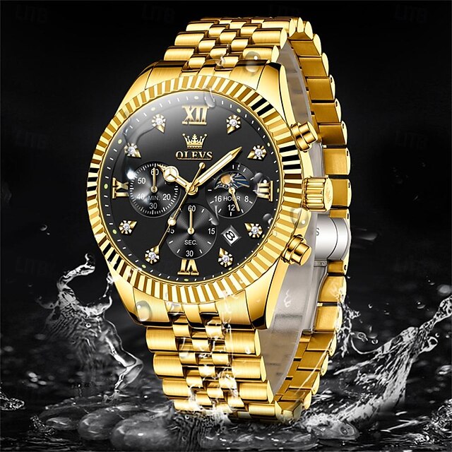  Reloj de Cuarzo OLEVS para Hombre Reloj de Pulsera de Moda para Deportes al Aire Libre Fase Lunar Calendario Luminiscente Reloj de Acero Resistente al Agua