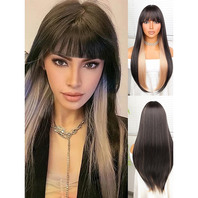  Perruque Synthétique Yaki Droite Coupe Droite Perruque 24 pouces Noir et Or Cheveux Synthétiques Femme Noir / Blond