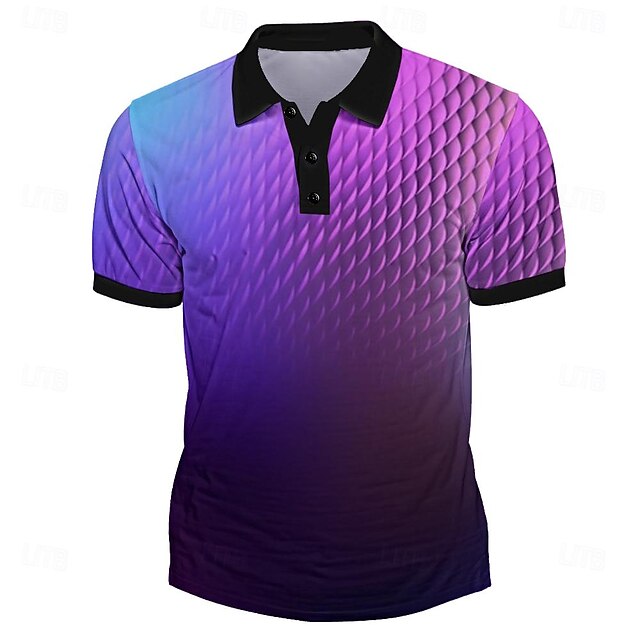 Men's Neon Hawaiian Polo Shirts Golf Shirt Short Sleeve Polo Shirts Collared Shirts Beach Wear Vacation Wear Party Outfits Buttons 3D Print Spring & Summer Purple4