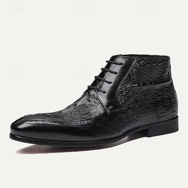  Men's Crocodile Pattern Leather Dress Boots - Stylish Formal Footwear for Business and Special Occasions