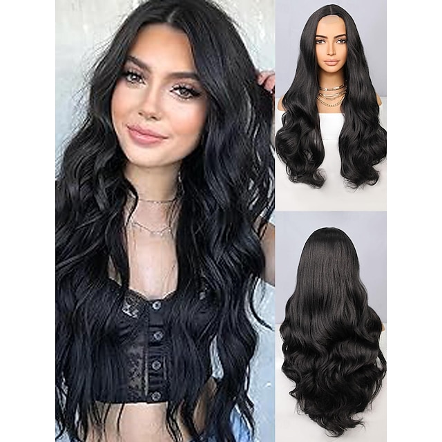  Synthetic Lace Wig Deep Wave Style 26 inch Black Middle Part U Part Wig Women Wig Black Carnival Wigs