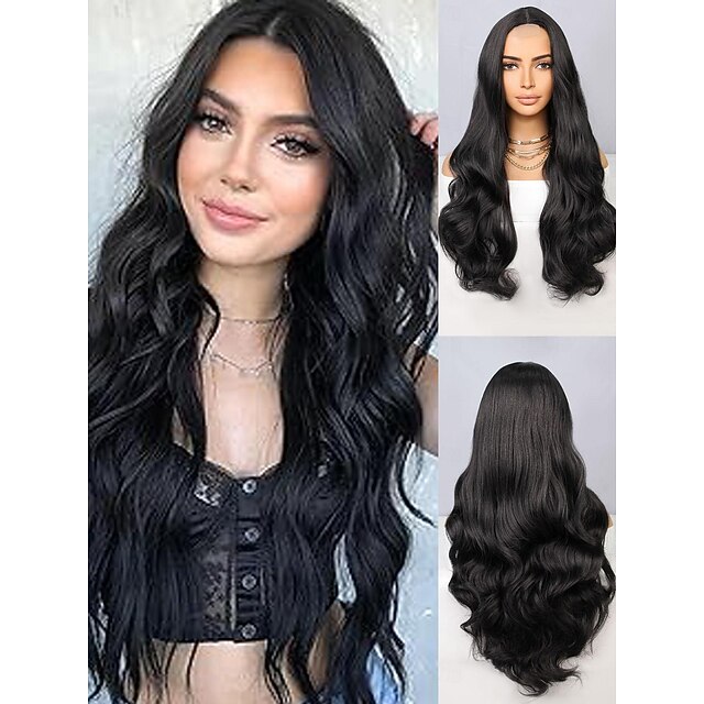Synthetic Lace Wig Deep Wave Style 26 inch Black Middle Part U Part Wig Women Wig Black Halloween Wigs4