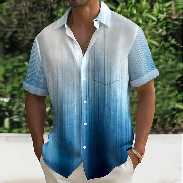 Men's Gradient Geometric Pattern Button Up Shirt Printed Shirts Short Sleeve Hawaiian Resort Outdoor Business / Ceremony / Wedding Summer Turndown Print Button-Down Blue4