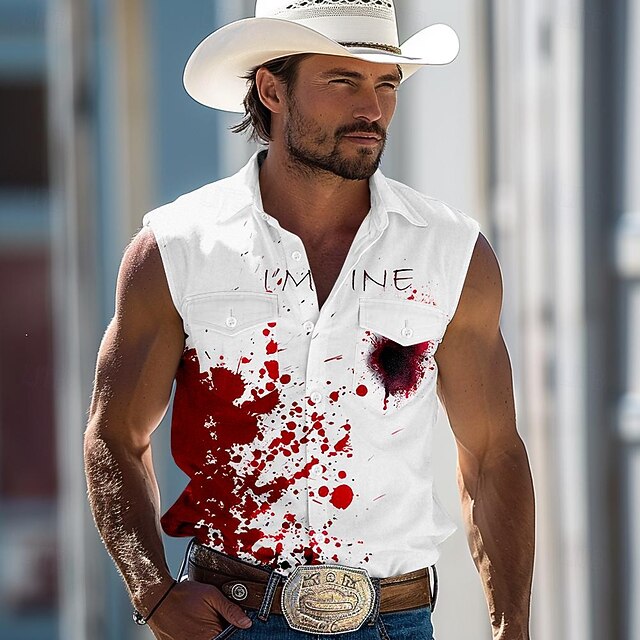 Men's Blood Splatter Letter Printed Blood stains Shirt Western Shirt Sleeveless Western Style Dark Outdoor Work Party / Evening Summer Spring Shirt Collar White4