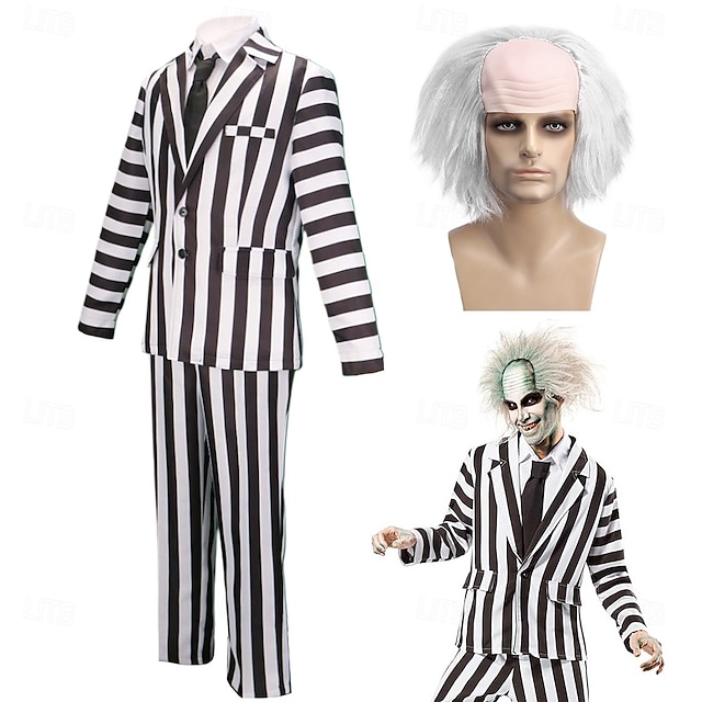  abiti di abiti di beetlejuice & blazer a righe da uomo per halloween, carnevale, feste per adulti, con parrucche in costume