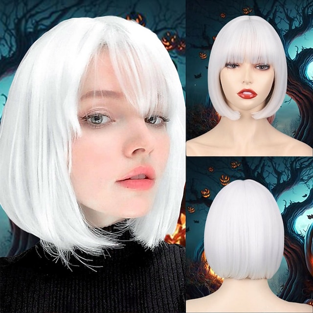  Short White Bob Wig Bangs Straight White Wig for Women Natural Synthetic Short White Wig Bangs for Daily Party Cosplay Halloween