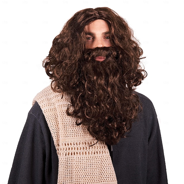  jeesusparta ja peruukki miehet jeesusasuun - synteettinen ruskea pitkä partaperuukki - halloween, hagrid, luolamiehen asusteet
