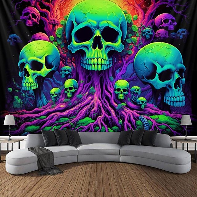  blacklight gobeläng uv-reaktivt sken i det mörka trädet av dödskallar trippy berg dimmigt hängande gobeläng väggkonst väggmålning för vardagsrum sovrum