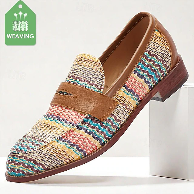 Men's Multicolor Woven Leather Loafers: Ideal for Business Casual and Social Gatherings 7