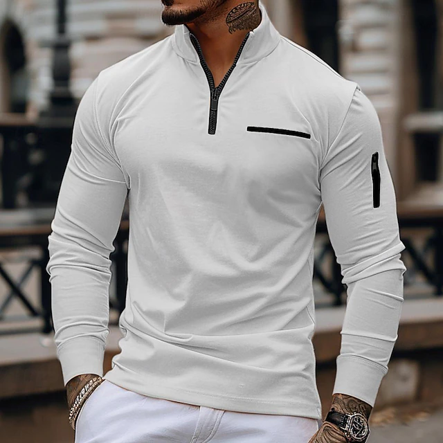 Men's Polo Shirt Pullover Sweatshirt Sports Daily Wear Quarter Zip Long Sleeve Fashion Comfortable Plain Pocket Zip Up Spring & Fall Regular Fit Black White Navy Blue Orange Polo Shirt 18