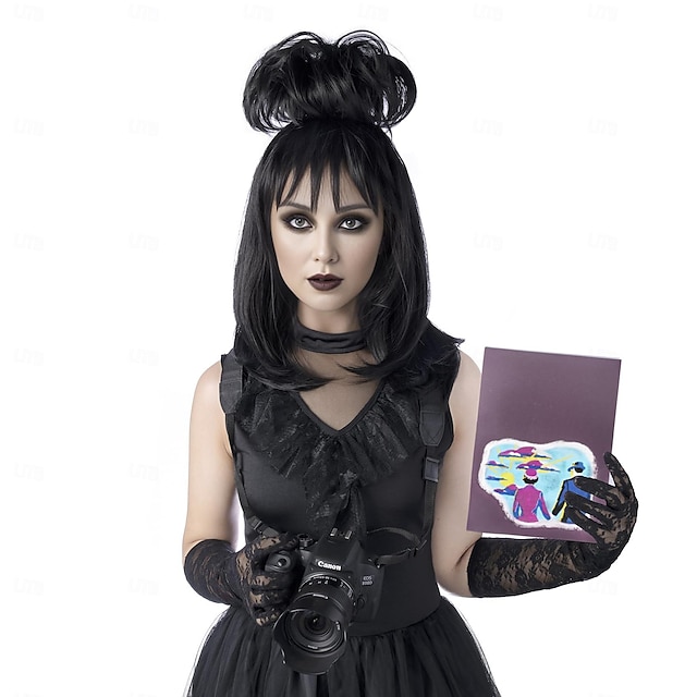  Lydia Deetz Cosplay disfraz fiesta peluca novia moños esponjosos rizado mujer negro medio largo recto escarabajo peluca con flequillo accesorios de disfraz de Halloween (negro/lydia)