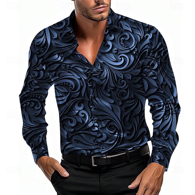  Herren Hemd Satinhemd Oberhemd Knopfhemd Blumen Party-Abendgarderobe Rote Blau Gold Grau Langarm Umlegekragen Sommer Frühling Bekleidung Knopf hoch