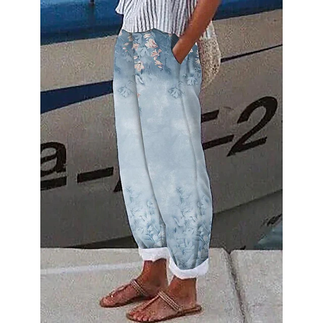 Women's Cotton Linen Pants Baggy Pants Linen Like Vacation Designer Ankle-Length Mid Waist Polka Dot Flower / Floral Side Pockets Baggy Print Comfort Micro-elastic Casual Daily4