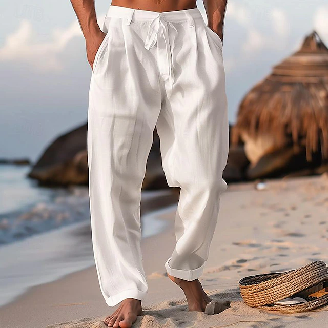 Men's Trousers Summer Pants Beach Pants Drawstring Pleats Straight Leg Plain Comfort Breathable Full Length Casual Daily Holiday Fashion Classic Style Black White 10