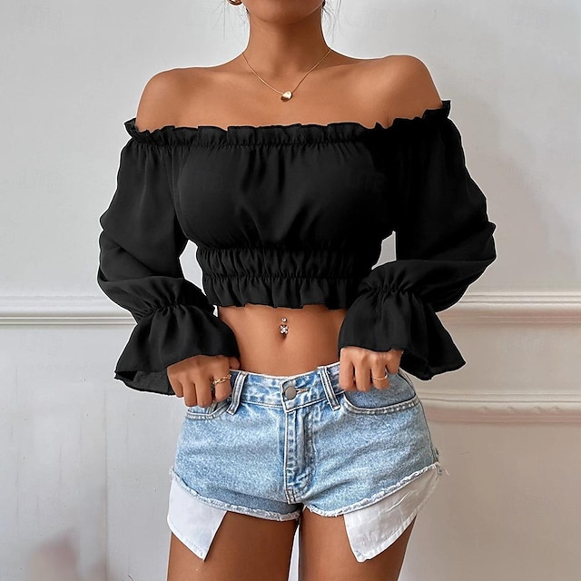 Hemd Bluse Damen Schwarz Glatt Bauchfreies Top Strasse Täglich Modisch Schulterfrei Regular Fit S