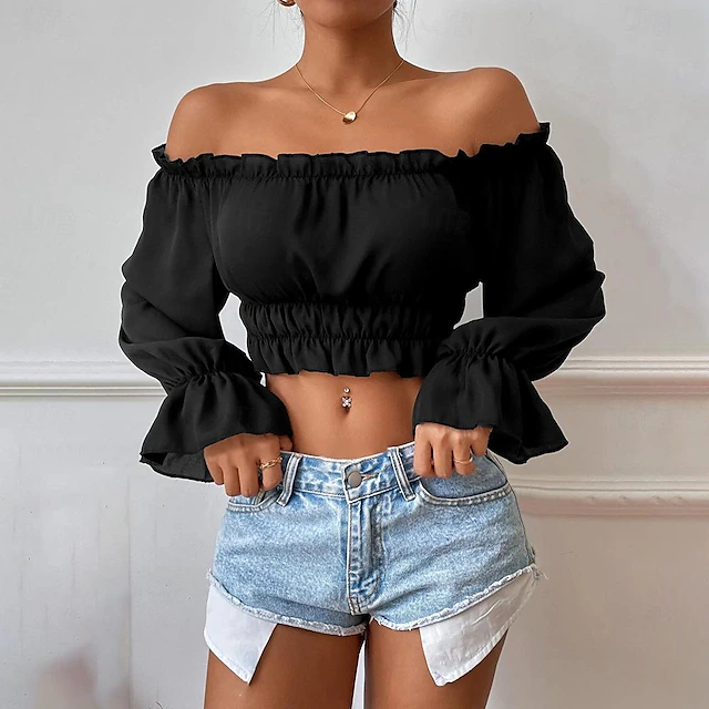 Shirt Blouse Women's Black Plain Crop Top Street Daily Fashion Off Shoulder Regular Fit S 7