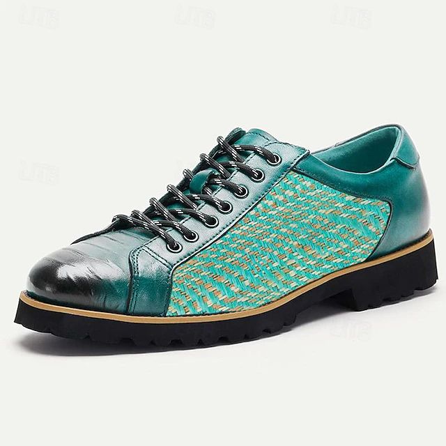Men's Green Woven Leather Sneakers with Lace-Up Design - Stylish and Comfortable for Casual Wear 7