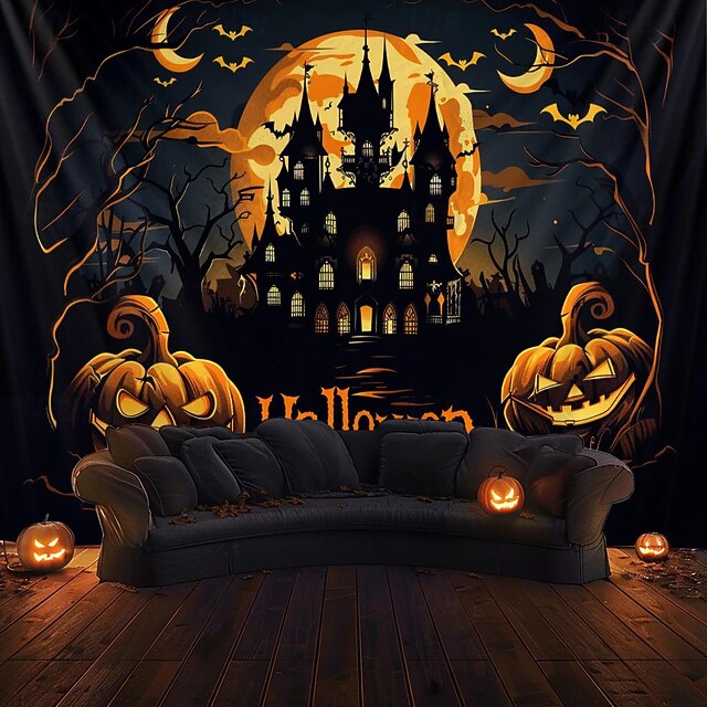 Halloween Decorations Hanging Tapestry Evil Pumpkin Castle Wall Art Large Tapestry Mural Decor Photograph Backdrop Blanket Curtain Home Bedroom Living Room 13