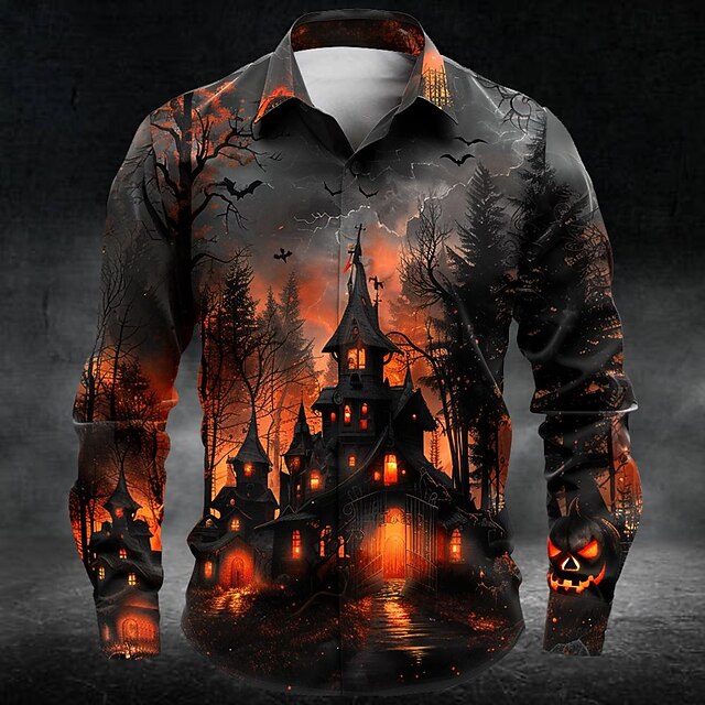 Halloween Men's Gothic Horror Castle Halloween Costumes Shirt Button Up Shirt Long Sleeve Casual Dark Party Evening Wear Fall Winter Spring & Summer Turndown Shirt Collar Button Up 3D Print Orange4