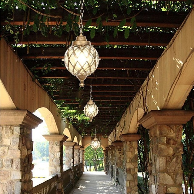  lampade a sospensione per esterni, lampada a sospensione per esterni portico impermeabile lampadario in metallo nero con globo di vetro trasparente con struttura in gabbia di ferro, lanterna esterna
