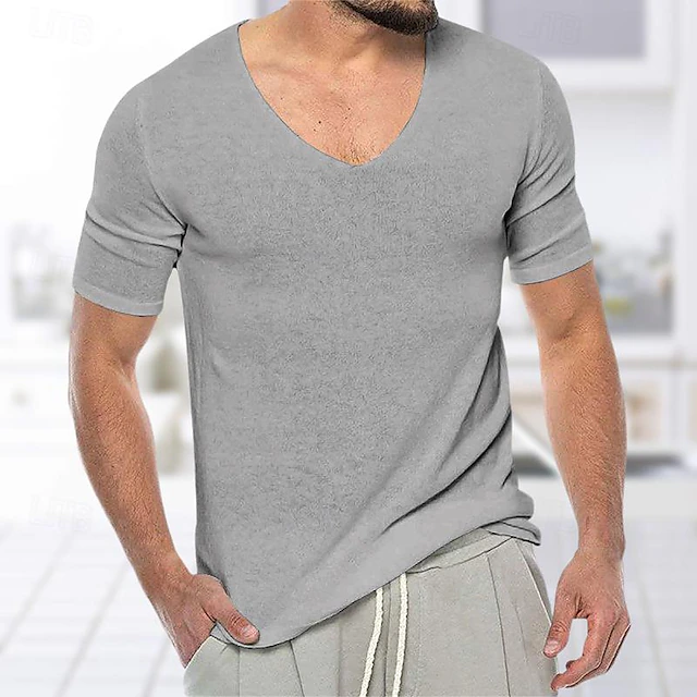 Men's T Shirt Tee Knit Tee Tee Top Short Sleeves V Neck Summer Plain Fashion Designer Basic Knitting Vacation Street Going out Black White Grey Top Tee for Men 10