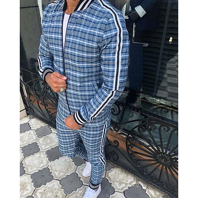 Men's Tracksuit Jogging Suit Drawstring Pocket Plaid Checkered Athletic Clothing Set Spring White Navy Blue Gym Workout Jogging Running Soft Breathable Long Sleeve Sport Activewear Micro-elastic4