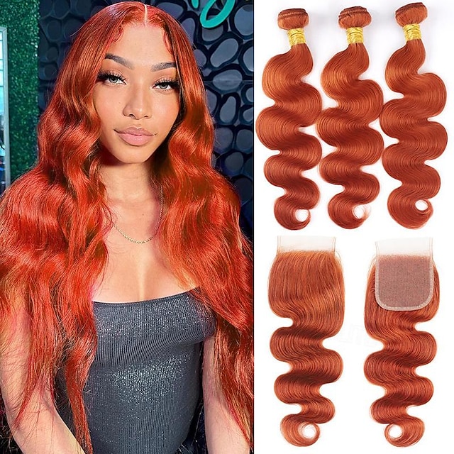  Body Wave 3&1 Bundles With Closure #350 Ginger Orange Human Hair Weaving With 4*4 Closures