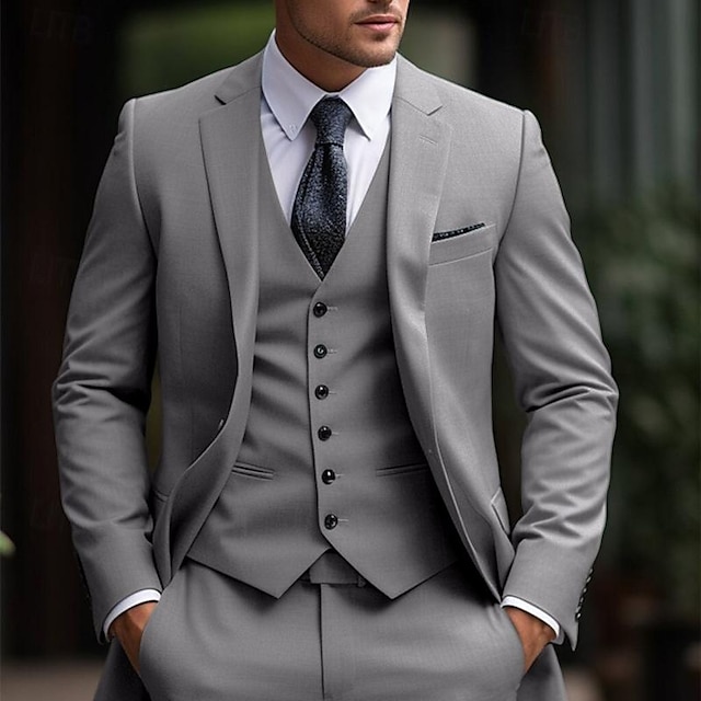  Ternos de Casamento Masculinos Cinza Claro Negócios Diários Sólidos Plus Size 3 Peças com Um Botão