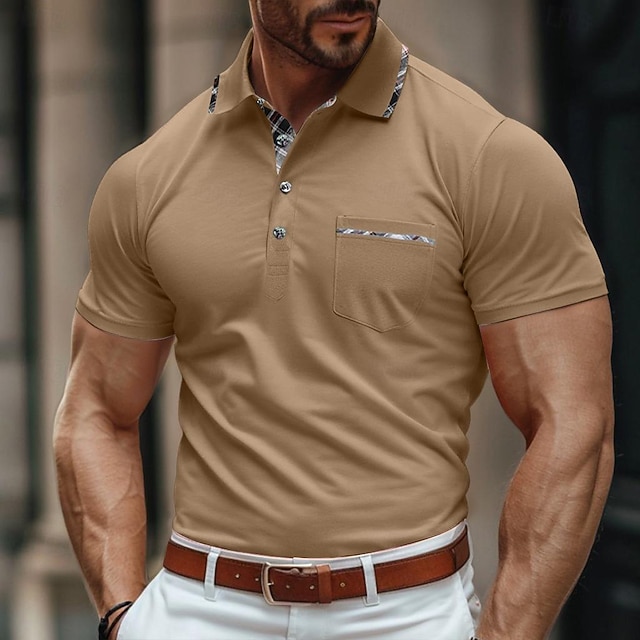  Men's Business Polo Golf Shirt Work Business Lapel Classic Short Sleeve Basic Modern Color Block Patchwork Button Spring & Summer Regular Fit Light Blue Black Light Grey Green Khaki Dark Blue