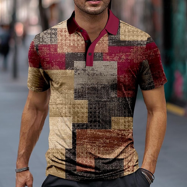  Homens Xadrez Camisas Polo Camisa de golfe Manga Curta Camisas polo Camisas de colarinho Vintage Roupas de férias Traje formal Roupas para festivais Botões Impressão 3D Primavera Verão Vinho Vermelho