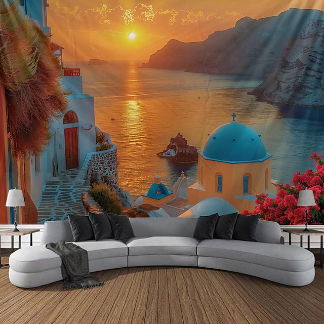 Greece Landscape Hanging Tapestry Wall Art Large Tapestry Mural Decor Photograph Backdrop Blanket Curtain Home Bedroom Living Room Decoration 42