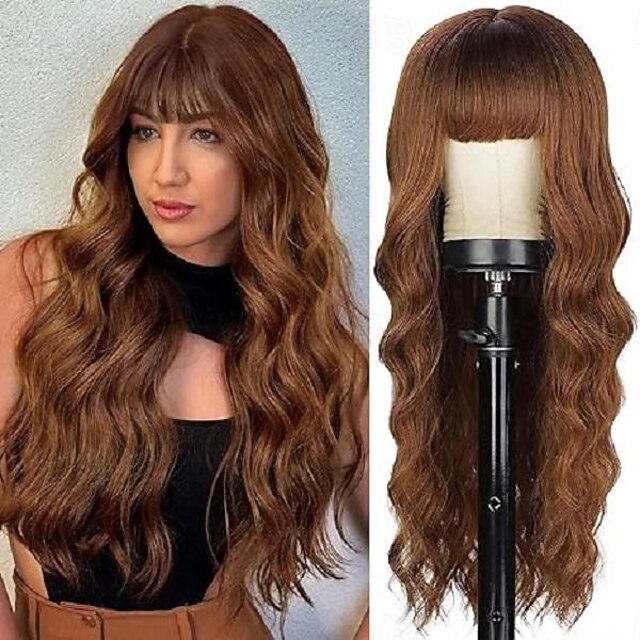 Parrucca con frangia parrucca ondulata lunga per donne parrucche sintetiche ricce capelli dall'aspetto naturale resistenti al calore parrucche per uso quotidiano festa cosplay 26 pollici parrucche di