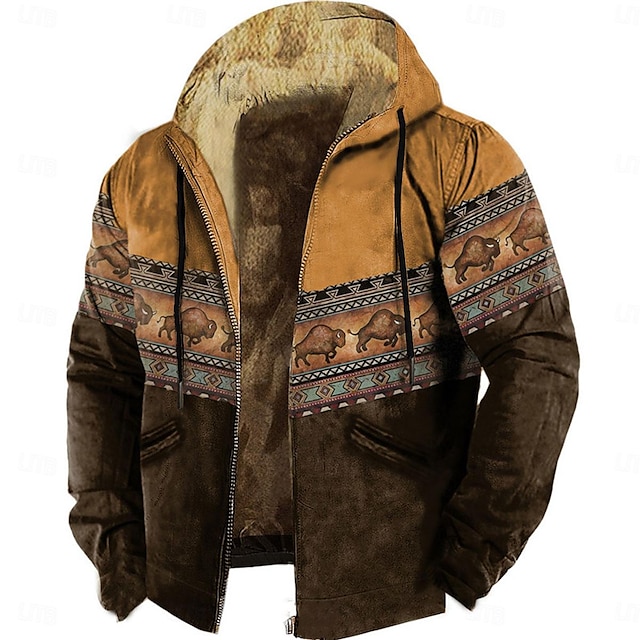  Herre Dyr Farveblok Grafiske tryk Hattetrøje Hættetrøjer Sweatshirt Designer Tynd Fleece Langærmet Hætte Afslappet Daglig Ferie Brun Brun 2 Lynlås Trykt mønster Vinter Designer