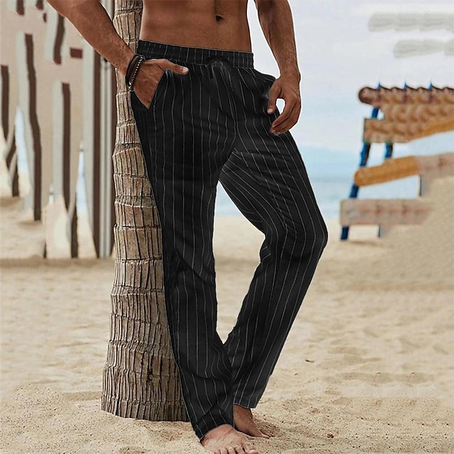  Hombre Pantalones de lino Pantalones Pantalones de verano Pantalones de playa Bolsillo Correa Cintura elástica Raya Comodidad Transpirable Vacaciones Diario Festivos Hawaiano Boho Negro Blanco