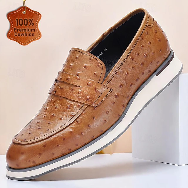 Men's Ostrich Pattern Leather Loafers - Premium Cowhide Slip-On Dress Shoes for Formal and Casual Wear 9