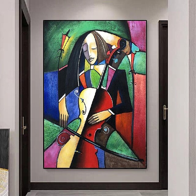  das Cellisten-Portraitgemälde - handgemaltes kubistisches Ölgemälde auf Leinwand, handgemaltes Musiker-Geigen-Cello-Gemälde für Schlafzimmer-Wohnzimmer-Kunstwerk