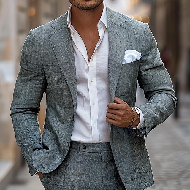  Per uomo Giacca blazer All'aperto Casuale Senza fodera Classico & Senza Tempo Chic & Moderno Primavera & Autunno 100% Lino Strisce verticali Stile Artistico Stile Classico Monopetto Un Bottone Giacca