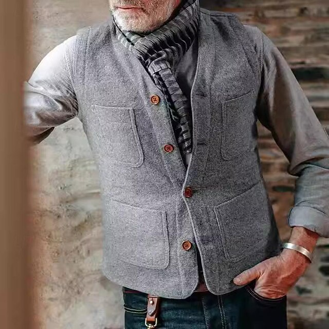 Men's Vest Gilet Wedding Event / Party Daily Fashion Business Spring & Fall Button Pocket Polyester Comfortable Plain Single Breasted One-button V Neck Regular Fit Black Light Grey Vest 7