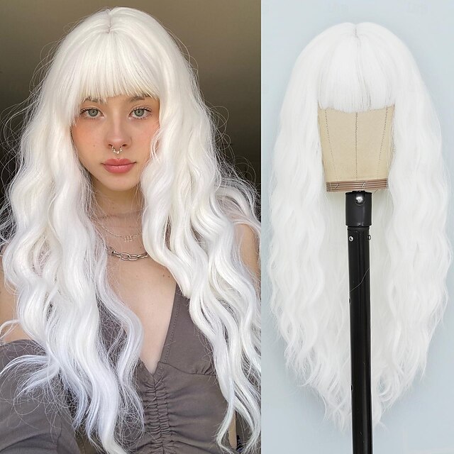  parrucca con frangia lunga naturale ondulata parrucche sintetiche per donne 26 pollici di lunghezza parrucche in fibra resistenti al calore per uso in festa cosplay parrucche di carnevale