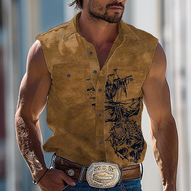 Men's Nautical Sailboat Shirt Western Shirt Cowboy Shirt Sleeveless Vintage Western Style Outdoor Work Causal Summer Spring Shirt Collar Khaki4
