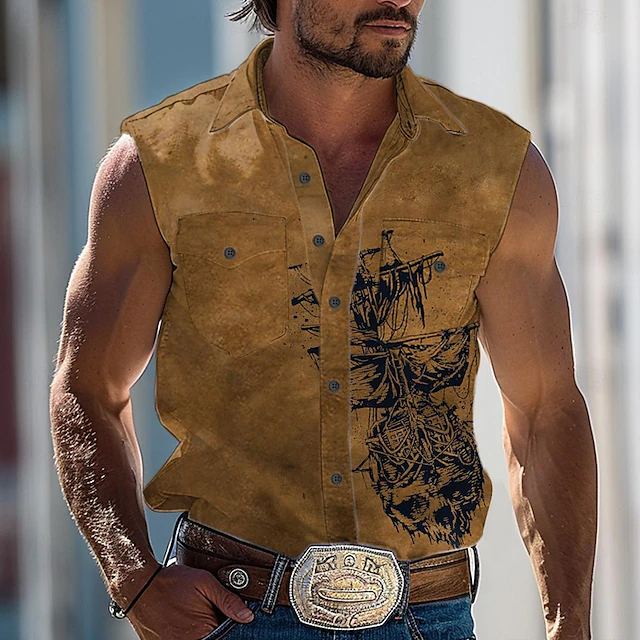 Men's Nautical Sailboat Shirt Western Shirt Cowboy Shirt Sleeveless Vintage Western Style Outdoor Work Causal Summer Spring Shirt Collar Khaki4