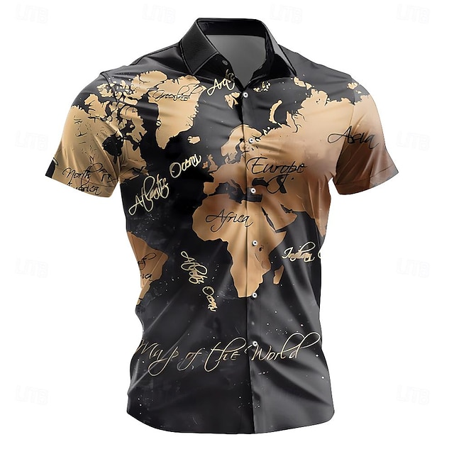  Men's World Map Shirt Button Up Shirt Short Sleeve Vintage Casual Daily Holiday Summer Turndown Button Up 3D Print Black