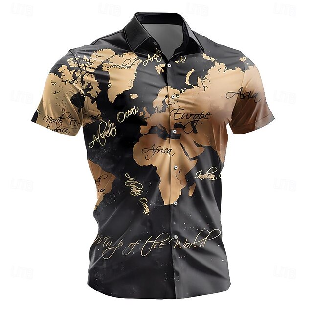 Men's World Map Shirt Button Up Shirt Short Sleeve Vintage Casual Daily Holiday Summer Turndown Button Up 3D Print Black4