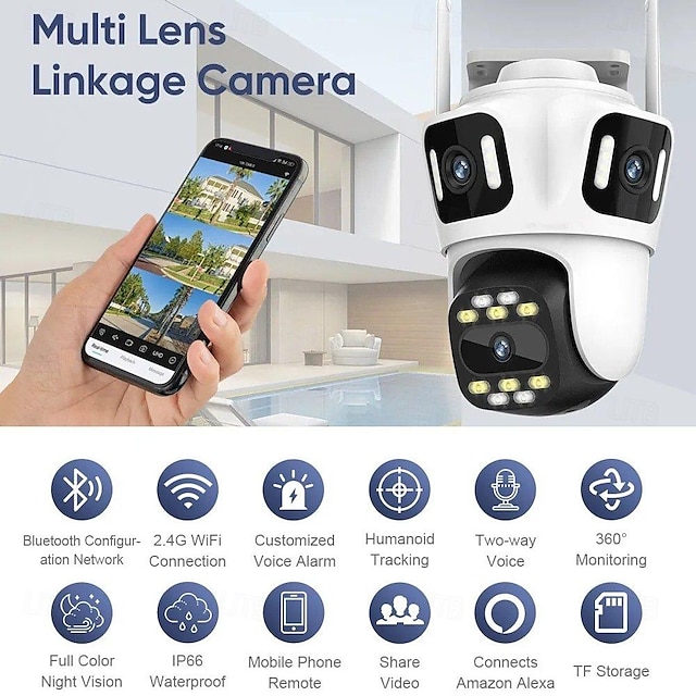  Three Lens PTZ IP Camera Outdoor HD Three Screen WiFi Security Camera Auto Tracking Wireless CCTV Camera