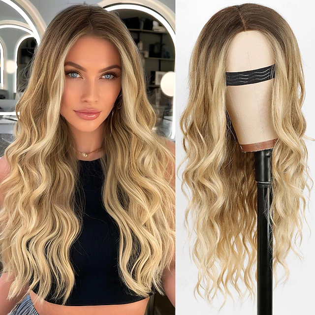 Long Blonde Wavy Wig for Women Middle Part Curly Wigs Natural Looking Ombre Blonde Synthetic Heat Resistant Fiber Women Wigs for Daily Party Use 8
