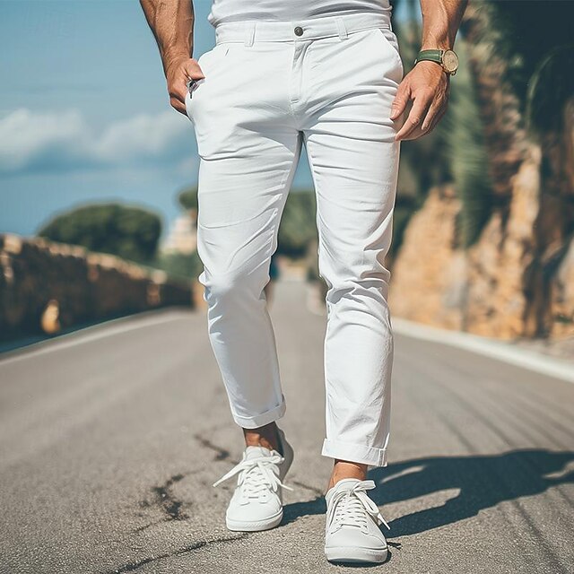 Men's Trousers Chinos Chino Pants Casual Pants Front Pocket Plain Comfort Soft Full Length Outdoor Casual Daily Fashion Streetwear Black White Micro-elastic 12
