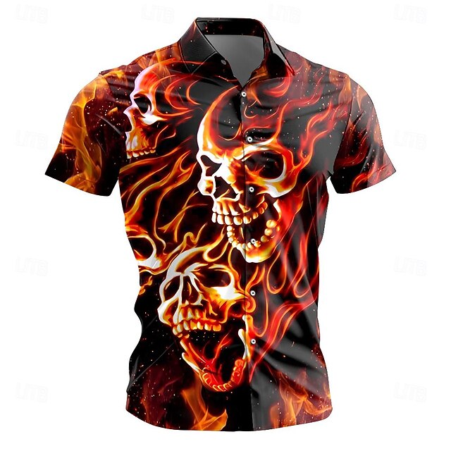 Men's Skull Flame Halloween Costumes Shirt Button Up Shirt Short Sleeve Casual Dark Daily Holiday Summer Turndown Button Up 3D Print Red4